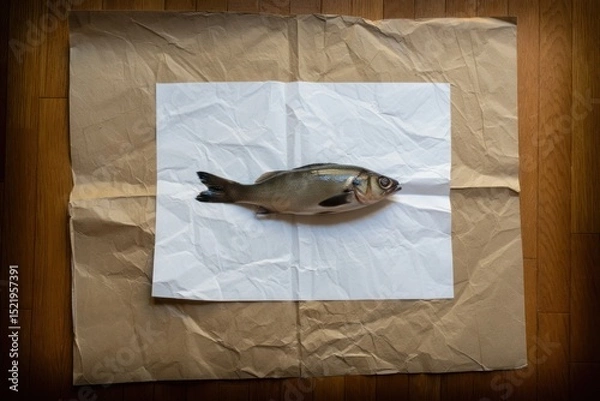 Fototapeta Fresh whole fish placed on a crumpled white paper sheet over a larger wrinkled brown paper sheet on a wooden floor