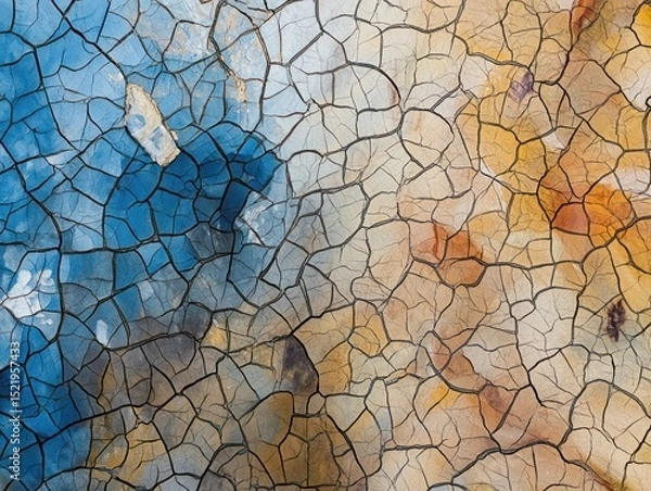 Fototapeta abstract texture of cracked paint featuring blue and warm earth tones with intricate fissures creating an organic pattern