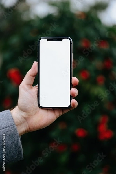 Fototapeta Hand holding smartphone with blank white screen against blurred background with red flowers and green foliage