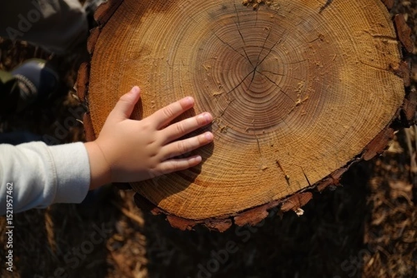 Fototapeta Small child’s hand touching a freshly cut tree stump showing wood texture and tree rings in natural outdoor setting