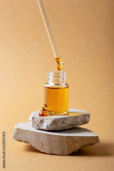 Fototapeta Glass bottle filled with golden oil with a dropper dispensing oil drops, placed on stacked natural stone slabs against a warm beige background