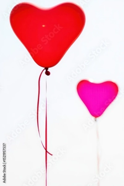 Fototapeta Two heart-shaped balloons floating against a bright white background, evoking feelings of love and celebration