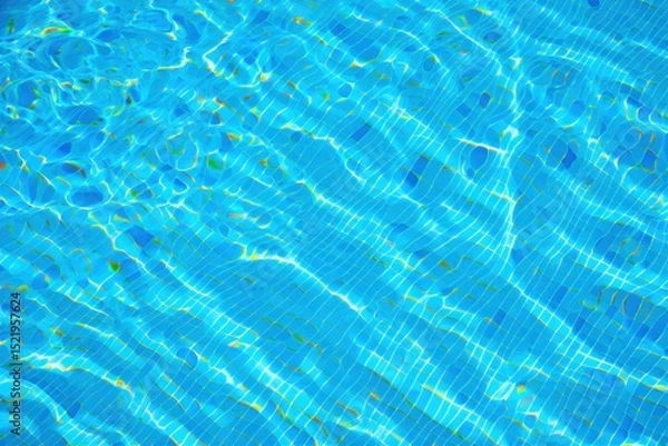 Fototapeta Close-up view of water ripples and reflections in a bright blue swimming pool with tiled bottom creating light patterns