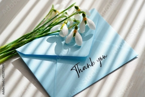 Fototapeta Blue envelope with handwritten thank you note placed on a light surface with delicate white snowdrop flowers and soft striped shadows