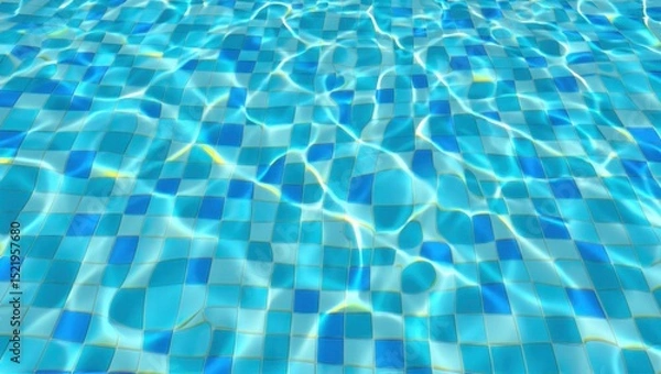 Fototapeta Surface of a clear swimming pool with blue and white square tiles reflecting sunlight creating a peaceful and refreshing visual effect