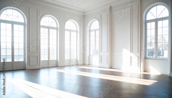 Fototapeta empty room in classic style and white color with arched windows and reflective floor