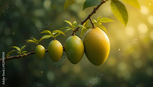 Obraz Time-lapse concept illustration showing mango fruit from seedling to ripe fruit on a branch"