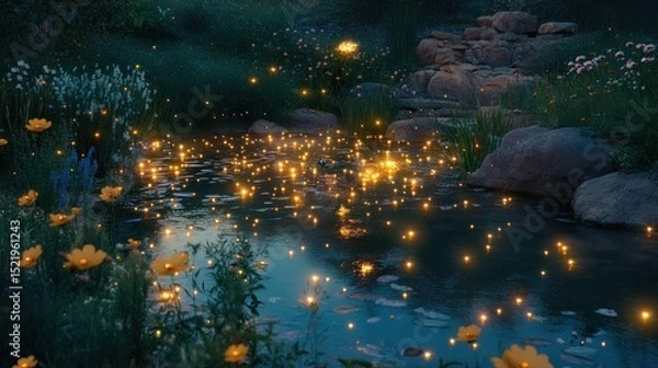 Fototapeta A serene night scene depicting a pond with glowing lights