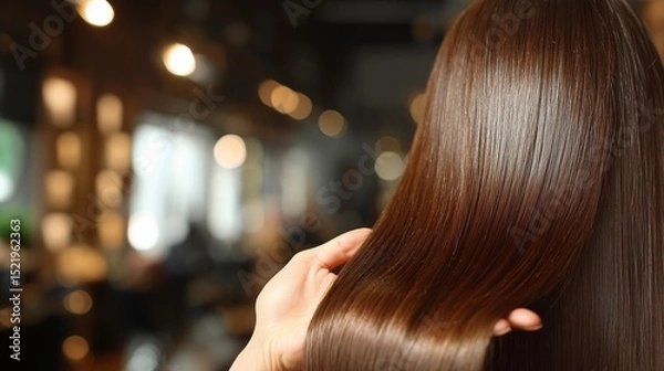 Obraz ヘアサロンで艶々の髪を見せる手