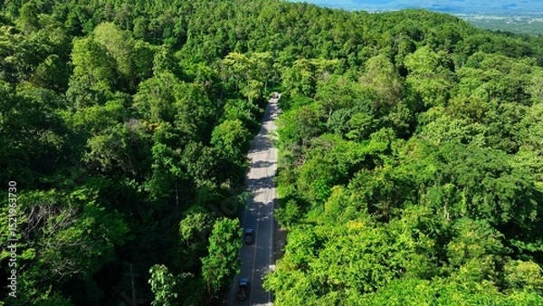 Obraz Aerial drone view of a scenic road running through vibrant forest terrain, showcasing how transportation networks traverse and connect natural environments. Thailand.
