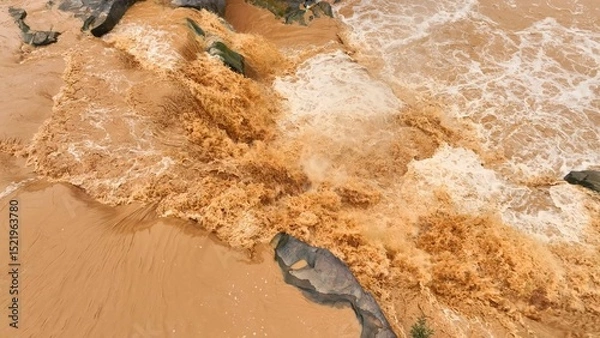 Obraz Bird’s eye perspective shows turbulent sediment-rich floodwaters surging through rocks, illustrating the dynamic movement and erosion caused by flooding. Thailand.
