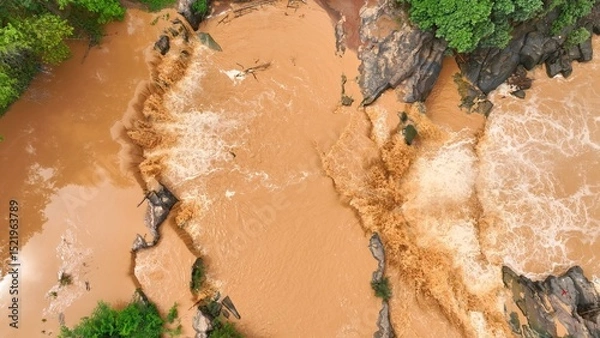 Obraz Overhead perspective reveals powerful sediment-laden floodwaters, showing how global warming accelerates extreme weather events and increases flood severity. Thailand.
