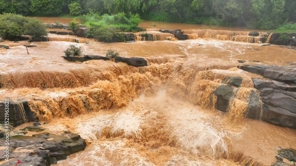 Obraz Bird’s eye shot captures turbulent muddy waters cascading through a rocky river, emphasizing floods exacerbated by human activities such as deforestation and poor land use. Thailand.
