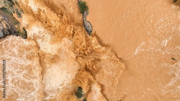 Obraz Drone aerial view of muddy floodwaters rushing over rocks, illustrating extreme weather events intensified by global warming and climate change impacting ecosystems and communities. Thailand.
