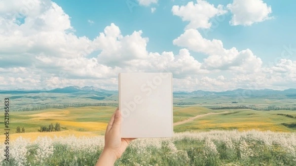 Obraz Hand Holding Blank Book Against Scenic Landscape with Clouds