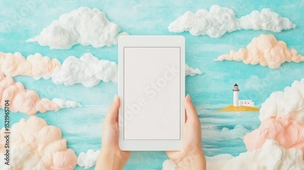 Obraz Hands Holding Tablet Against Artistic Sky and Lighthouse Background