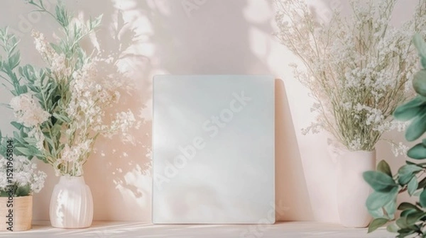 Obraz Minimalist Still Life with Blank Canvas and Floral Arrangements