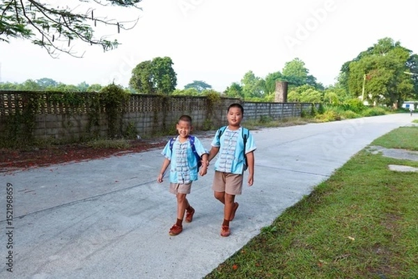 Fototapeta Two siblings in uniform walk to school.
