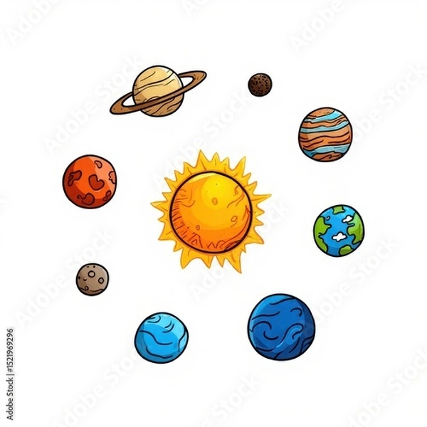 Fototapeta Illustration of the solar system with the sun at the center surrounded by eight colorful planets in orbit, showing a whimsical and educational representation of space