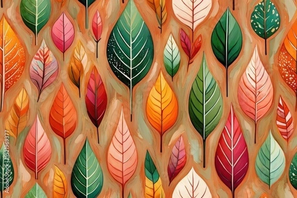 Fototapeta Colorful pattern of stylized leaves in various shapes and sizes with vibrant shades of green, orange, red, pink, and yellow on a warm background
