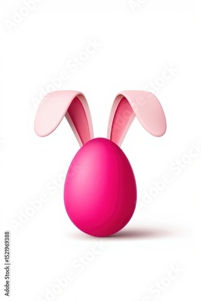 Fototapeta Bright pink egg with large soft pink bunny ears on a clean white background, evoking a playful and festive mood