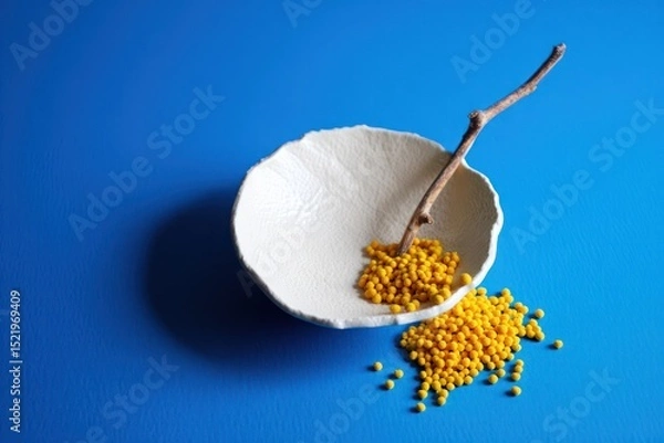 Fototapeta Minimalist composition of a white textured ceramic bowl with a natural twig and scattered yellow seeds on a vibrant blue surface conveying simplicity and calm
