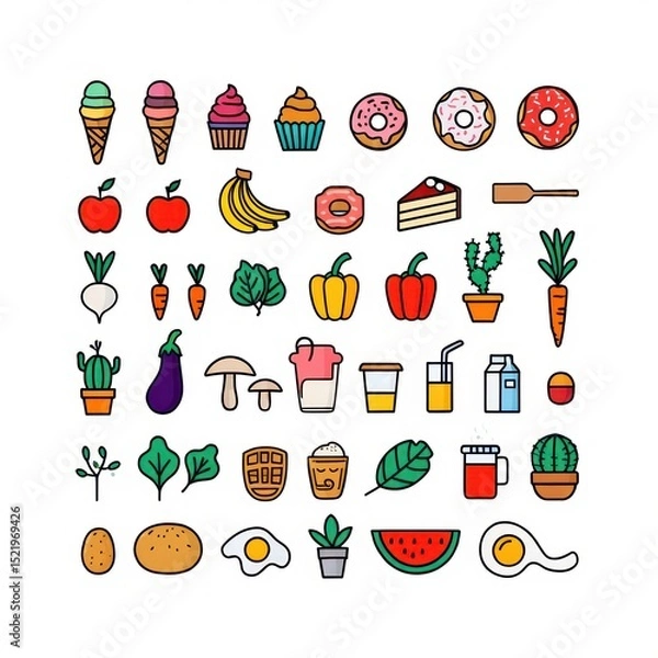 Fototapeta Colorful hand-drawn icons of various foods, plants, drinks, and desserts arranged in a neat grid, evoking a cheerful and playful mood