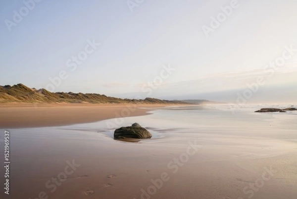 Fototapeta Calm expansive beach with soft waves, scattered rocks, distant sand dunes, and gentle morning light creating peaceful atmosphere