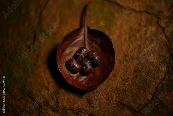 Fototapeta Close-up of small dark red and black seeds resting on a dried brown leaf against a textured earthy background
