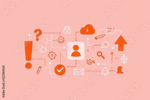 Fototapeta Conceptual illustration of social media and communication icons connected around a user profile symbol on a peach background expressing interaction and connectivity