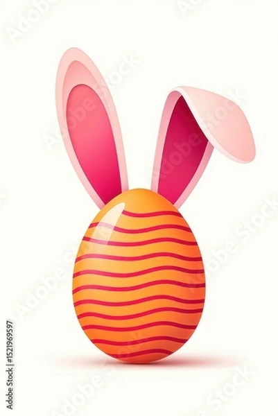 Fototapeta Colorful orange Easter egg with wavy red stripes and attached large pink and white bunny ears on a white background, playful and festive