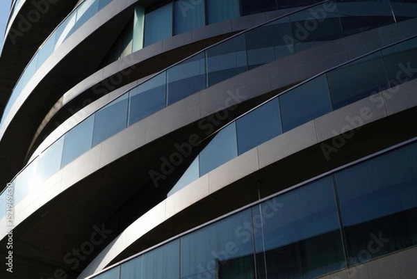 Fototapeta Curved modern building facade with large reflective glass windows and smooth concrete or metal bands creating dynamic architectural lines