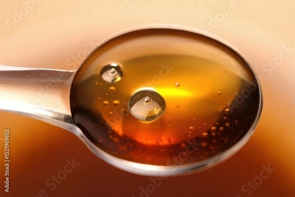Fototapeta Close-up of a silver spoon filled with golden amber liquid with tiny bubbles reflecting warm light
