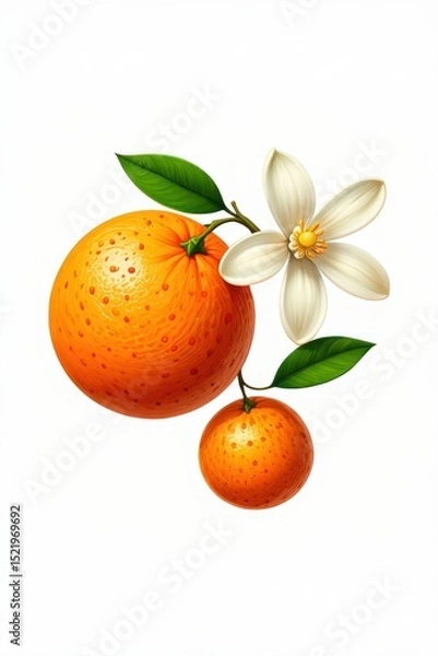 Fototapeta Realistic illustration of two ripe oranges with green leaves and a white citrus blossom on a white background