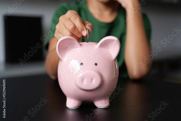 Fototapeta person inserting a coin into a pink piggy bank symbolizing saving money with focus on the piggy bank and hand