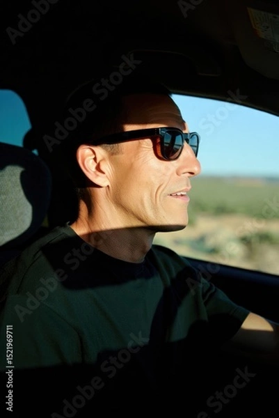 Fototapeta Man wearing sunglasses driving a car in bright sunlight with a calm expression