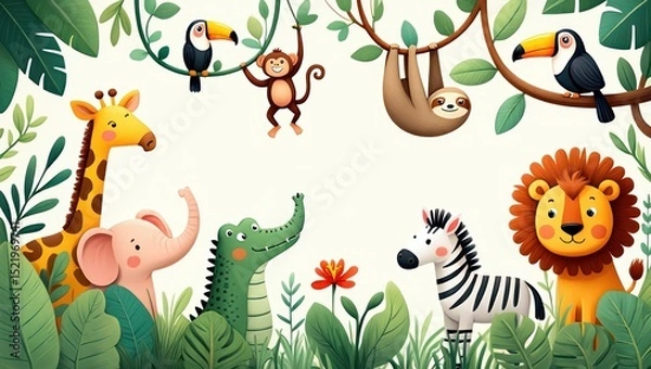 Fototapeta Cute cartoon jungle animals including giraffe, elephant, crocodile, zebra, lion, toucans, monkey, and sloth surrounded by lush green leaves with a cheerful and playful atmosphere