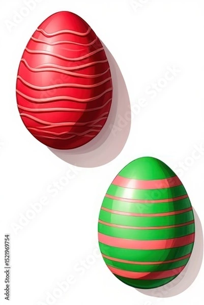 Fototapeta Two decorated Easter eggs casting shadows on a white surface, one red with wavy stripes and one green with horizontal pink stripes, bright and festive appearance