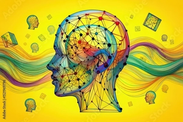 Fototapeta Colorful abstract human head with neural network connections and flowing multicolored lines on vibrant yellow background representing thought and intelligence