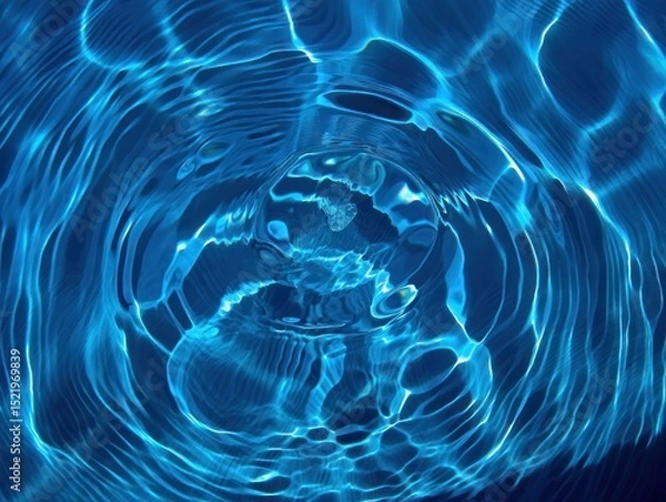 Fototapeta Close-up of concentric ripples and waves on the surface of clear blue water reflecting light