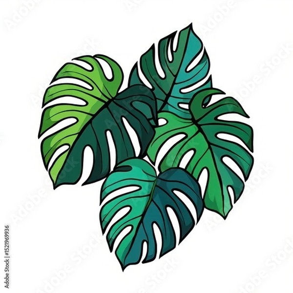 Fototapeta Illustration of five large tropical monstera leaves in various shades of green with prominent holes and lobes on a white background