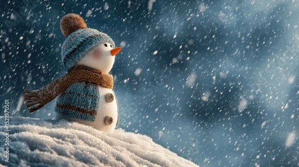 Fototapeta A charming snowman in a snowy landscape, embodying the joy and magic of winter festivities.