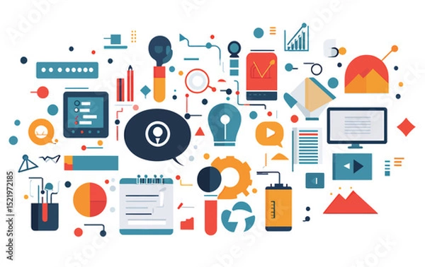 Fototapeta Colorful digital icons representing technology, innovation, and data analysis.