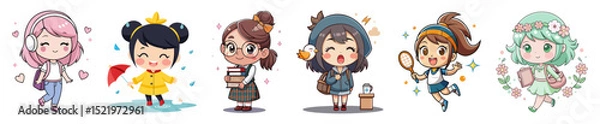 Fototapeta five distinct chibi girl characters, each engaged in a different activity or representing a unique theme. They are rendered in a charming, illustrative style with soft colors.