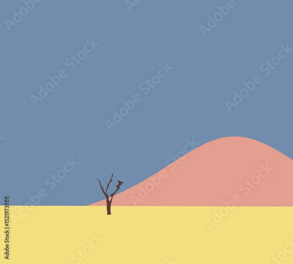 Fototapeta Deadly tree on dessert with pink mountain view. Modern Minimal design art. Colorful Nature landscape. 