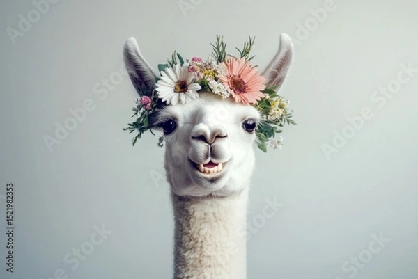 Obraz Cute baby animal llama wearing feral flower circlet on its head - symbol of sunny holiday season. Isolated pure white background, copy space, digital ads concept. Animal with floral headpiece.