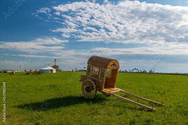 Fototapeta The Lelu car of the herdsmen on the Horonor Grassland in Hulunbuir City, Inner Mongolia Autonomous Region, China