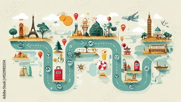 Obraz Colorful travel map featuring famous landmarks.
