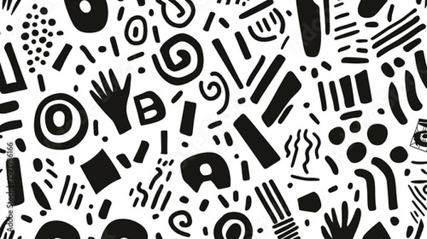 Fototapeta Retro abstract black and white pattern background with scattered symbols, shapes, letters and numbers. Trendy minimalist doodle texture for fashion design, packaging, posters, banners, flyers, busines