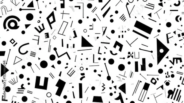 Fototapeta Retro abstract black and white pattern background with scattered symbols, shapes, letters and numbers. Trendy minimalist doodle texture for fashion design, packaging, posters, banners, flyers, busines